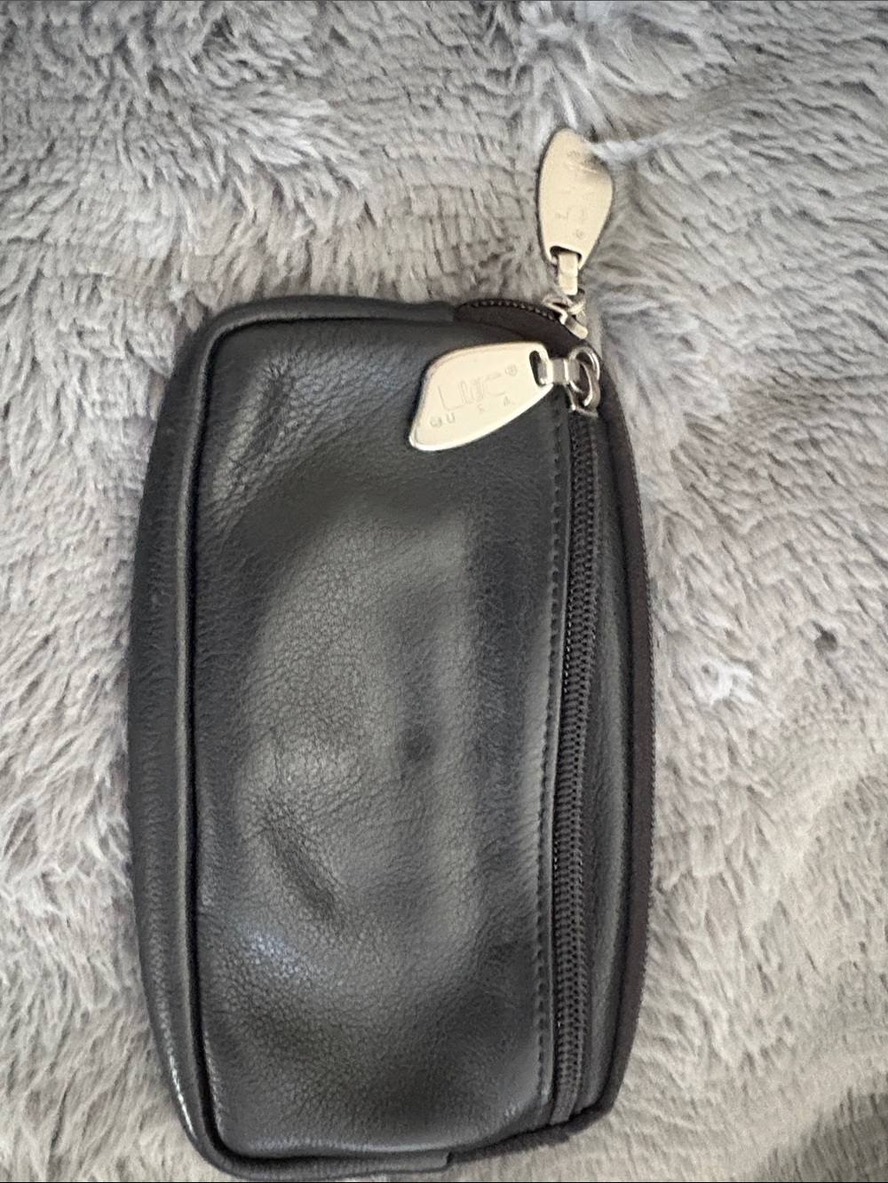 Black Leather Zip Wallet Pouch with Silver Hardware